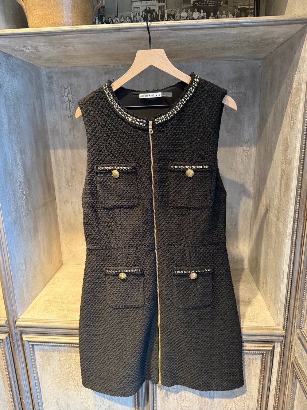 Alice + Olivia Black Tweed Zip-Front Pocket Dress with Gold Buttons